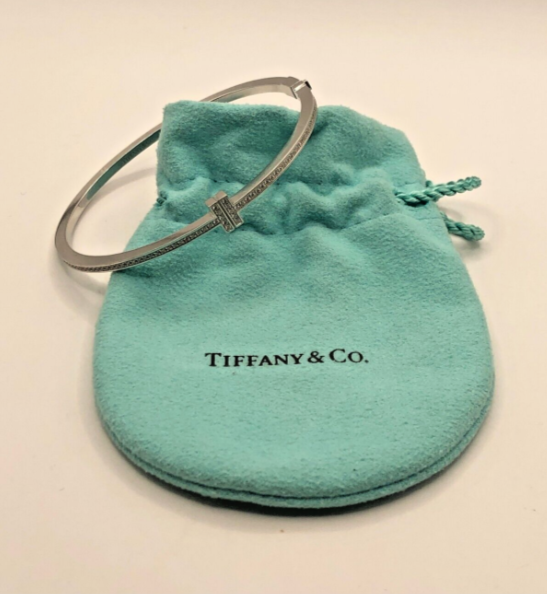 Tiffany & Co. Diamond & 18ct White Gold T Hinged Wire Bangle AU 750 Italy Silver 18K