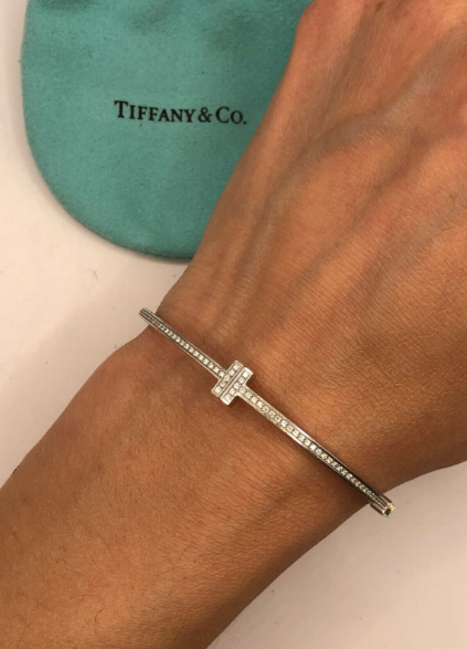 Tiffany & Co. Diamond & 18ct White Gold T Hinged Wire Bangle AU 750 Italy Silver 18K