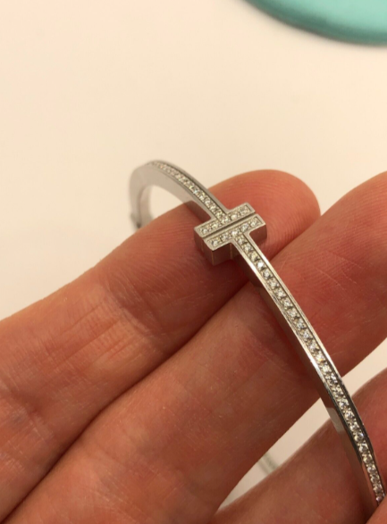 Tiffany & Co. Diamond & 18ct White Gold T Hinged Wire Bangle AU 750 Italy Silver 18K