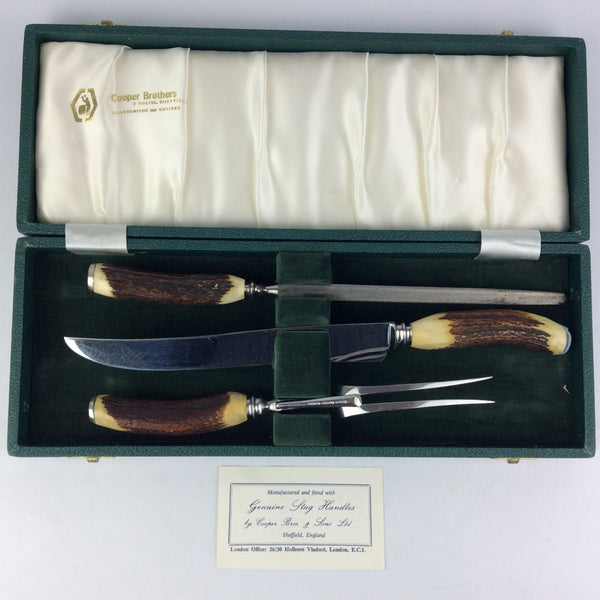 Cooper Brothers And Sons Sheffield Cutlers 3 Piece Stag Horn Handle Carving Set