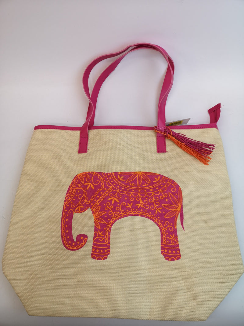 Elephant Design Weaved Paper Straw Beach Tote Bag